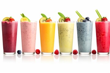 Set of smoothies in a glass jar made from variety of fruits isolated on white background