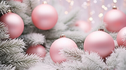 Fototapeta na wymiar Pink balls on fir branches, winter snowy background. festive winter season background, copy space.