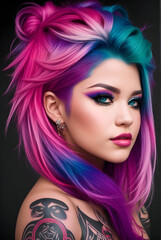 a colorful hairstyle and female tattoo model with a hot, sexy expression and pose