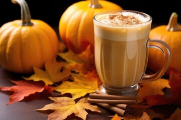 pumpkin spice latte with autumn leaves