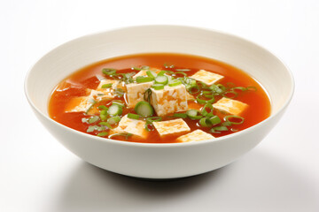 Delicious bowl of soup with tofu and green onions, perfect for comforting meal. This image can be used to showcase healthy eating, vegetarian recipes, or Asian cuisine.