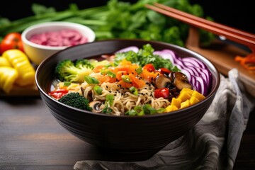 a bowl of vegan ramen with colorful vegetables