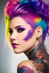 a colorful hairstyle and female tattoo model with a hot, sexy expression and pose
