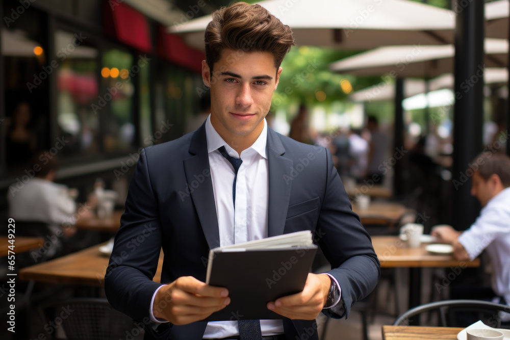 Poster man in suit holding tablet computer. this versatile image can be used to represent technology, busin