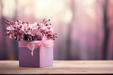Purple gift box filled with beautiful flowers. Perfect for birthdays, anniversaries, or any special occasion.