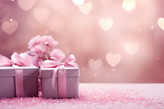 Two gift boxes with pink bows and beautiful bouquet of flowers. Birthdays, anniversaries, or any special occasion. This image can be used to convey feelings of love, celebration, and happiness.