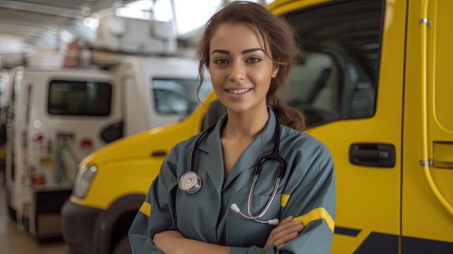 a Smiling young female doctor looking at camera and arm crossed front of ambulance ready to handle emergencies and treat patients. Generative Ai