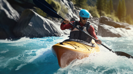 Close up of a male in kayak sailing in a mountain river. Extreme sport kayak. Generative Ai