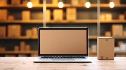 Laptop computer mockup blank white screen on desk. Delivery box, retail market, warehouse delivery background. Online e-commerce store mockup, dropshipping business website concept. Generative Ai