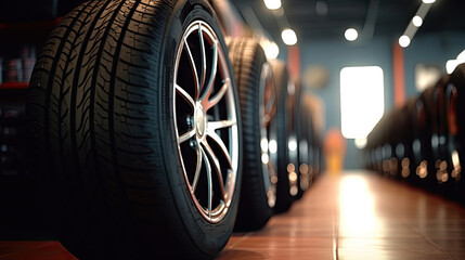 New tires in stock for replacement at service center, Auto repair shop. Generative Ai