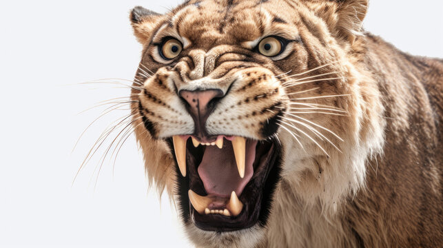 Close up of Sabertooth tiger smilodon on a white background. Generative Ai