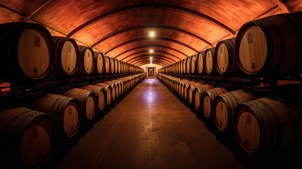 Wine barrels in wine vaults. Generative Ai