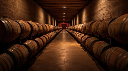 Wine barrels in wine vaults. Generative Ai