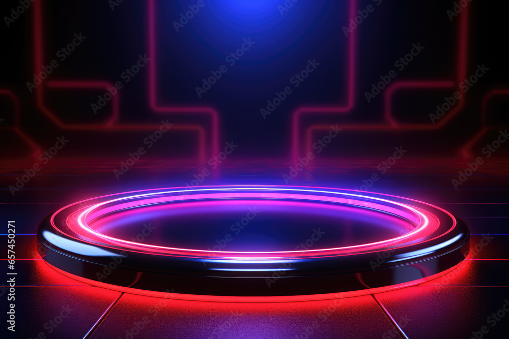 Poster striking image of red and blue neon ring illuminated in dark room. perfect for adding modern and vib