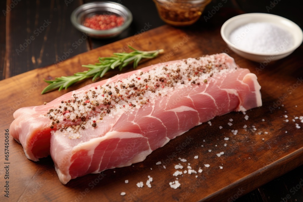 Sticker raw pork loin with salt and pepper on top