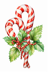 Fototapeta premium Illustration of Christmas red striped caramel sticks tied holly berries on white background.
