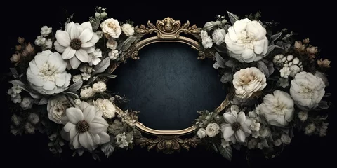 Fotobehang Generative AI, vintage frame with white flowers, futuristic victorian, black background © DELstudio