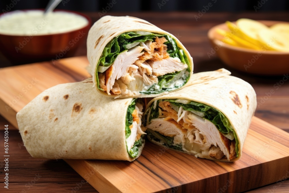 Wall mural chicken caesar wrap neatly sliced and displayed on a warm wooden board