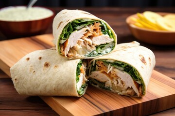 chicken caesar wrap neatly sliced and displayed on a warm wooden board