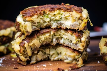 a close shot of leftover stuffing made into a burger patty