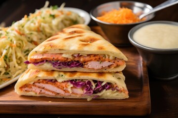 focaccia sandwich with mortadella, cheese, and a side of coleslaw