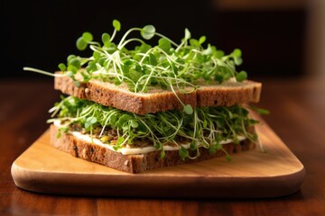 wheat sandwich with microgreens served on a brown table