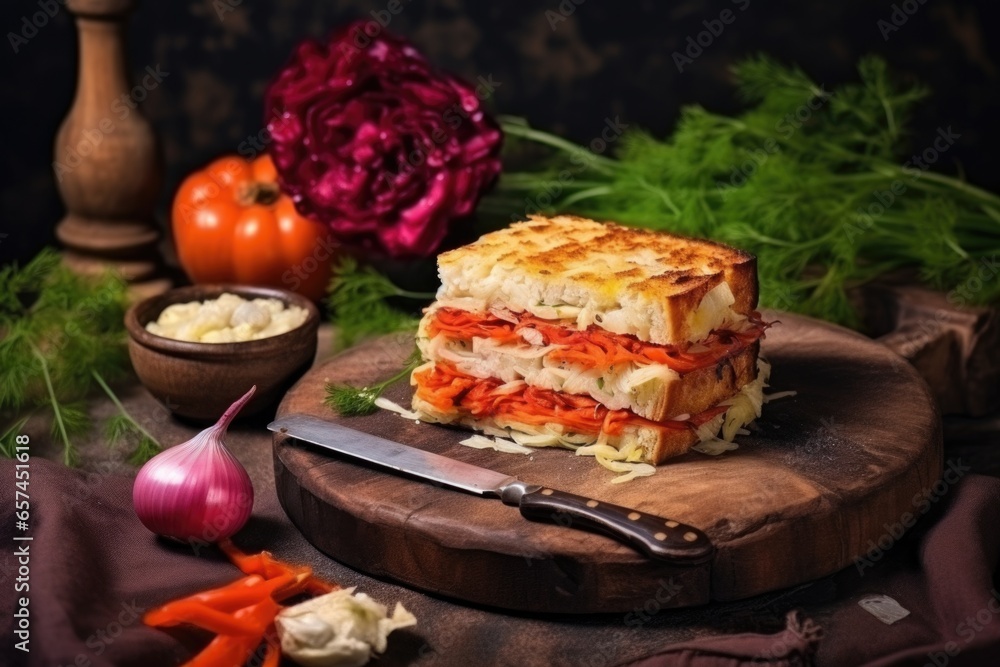 Sticker sandwich with sauerkraut and vegetables, placed on a dark stone table