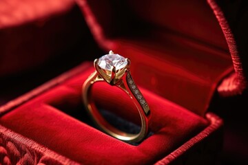 close-up of an engagement ring in a red velvet box