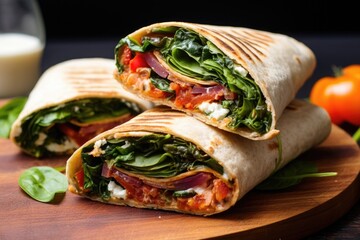 close-up of an overstuffed greek feta wrap