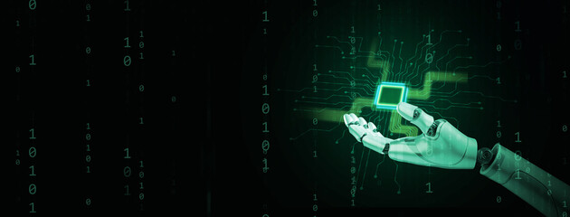 Computing power technology and performance concept. Super powerful CPU or microchip in the hand of a robot or AI, artificial intelligence, with binary code around it