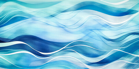 Ocean water wave, sea ripples illustration, Blue, teal, turquoise abstract wave for pool party or ocean beach cruise travel. Wavy web mobile banner, watercolor backdrop, copy space background.