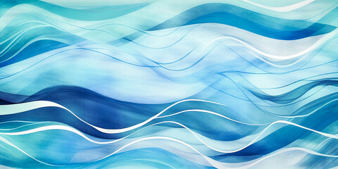 Fototapeta premium Ocean water wave, sea ripples illustration, Blue, teal, turquoise abstract wave for pool party or ocean beach cruise travel. Wavy web mobile banner, watercolor backdrop, copy space background.