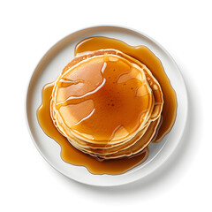 delicious plate of pancakes and maple syrup isolated on a white background - obrazy, fototapety, plakaty
