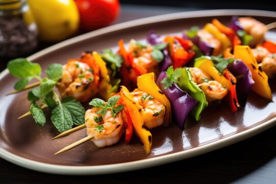 shrimp skewers with vibrant herb garnishment