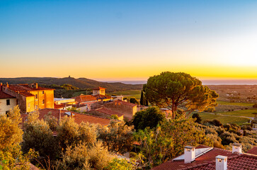 Obraz premium Panoramic view of the town profile of Castagneto Carducci Livorno Tuscany Italy from the surrounding countryside