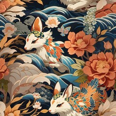 Seamless pattern of cute rabbit in the woods. Traditional Japanese style. Repeatable image background. Generative AI.