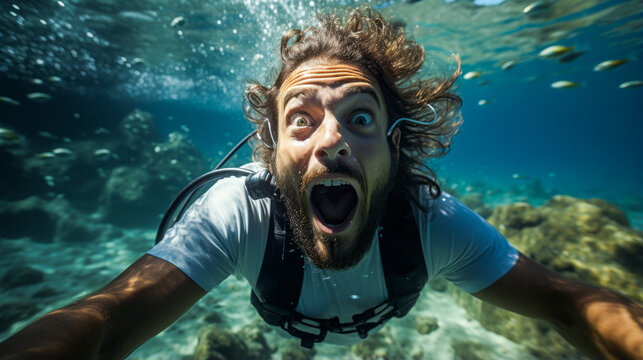 Astonishing diver astounded by underwater treasure, displaying an expression of shocked surprise.