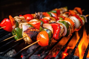 a skewer filled with seafood grilling gently over hot coals