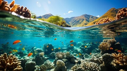 Breathtaking underwater exploration in Fiji featuring coral, fish and clear tropical waters. - obrazy, fototapety, plakaty