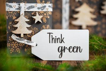Text Think Green, On Label, Christmas Gifts Background