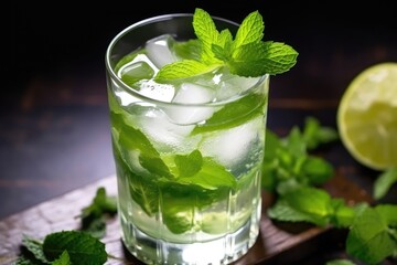 closeup view of a mojito cocktail with lime wedges and mint leaves