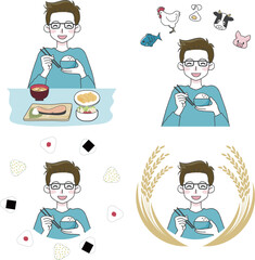 美味しそうにご飯を食べる男性のイラストセット