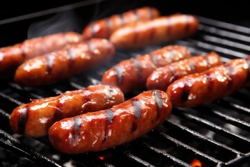 freshly cooked sausage links on a shiny bbq grill