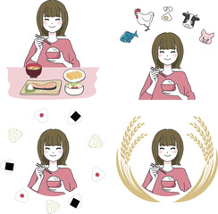 美味しそうにご飯を食べる女性のイラストセット
