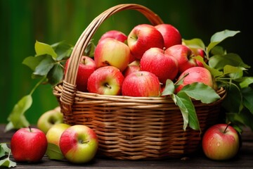 Fototapeta na wymiar a basket of freshly picked apples with vibrant leaves