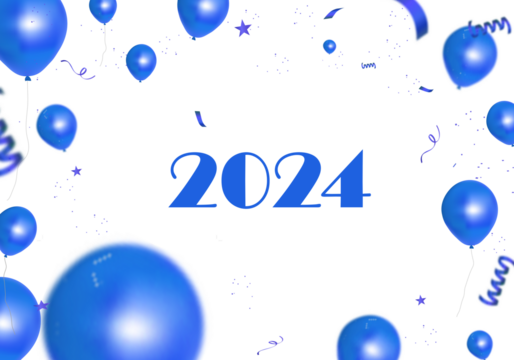 PNG New Year 2024 Celebration banner blue and white balloons. PNG illustration