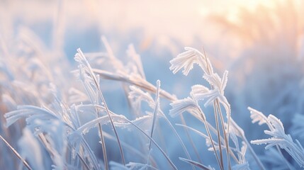 Beautiful background image of frost on nature grass close up. Frozen winter landscape with snow covered branches and ice blue background