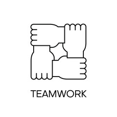 Four hands hold together for the wrist other. Symbol of team work, support, charity organization and donation community. Thin line vector illustration.