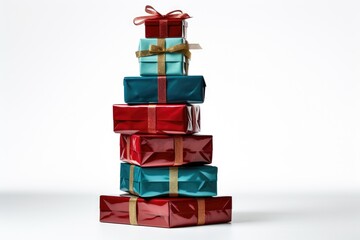 a stack of unwrapped christmas gifts on a white backdrop