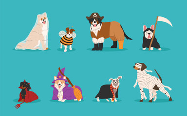 Cute dogs in different Halloween costume. Ghost, pirate, bee, devil witch and mummy. Happy Halloween vector illustration. Ideal for holiday cards, decorations, invitations and stickers